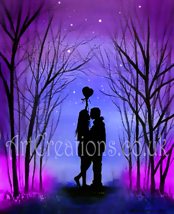 couple kiss silhouette painting blues purple pink
